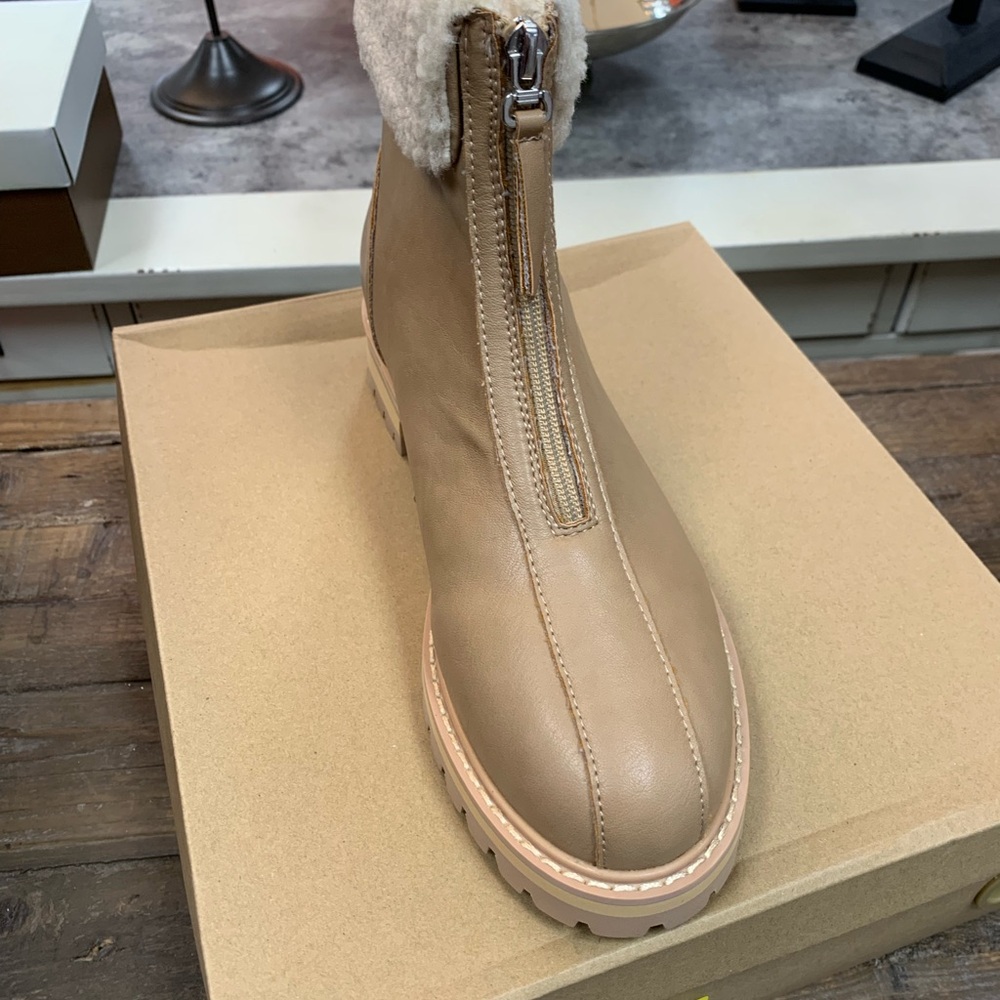 Womens Tan Faux-Shearling Zip Front Ankle Boots